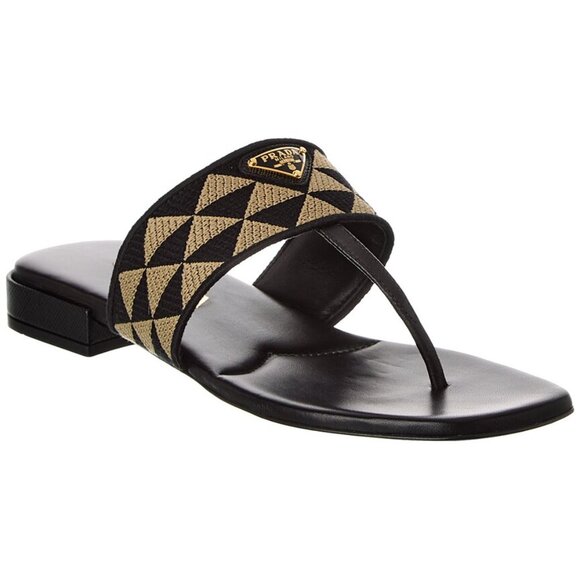 PRADA Triangular Triangle Logo Jacquard Woven T Strap Thong Flat Sandals - Picture 1 of 16